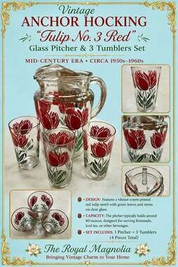 Vintage Anchor Hocking Tulip No. 3 Red Glass Pitcher and 3 Tumblers Set Mid-Cent